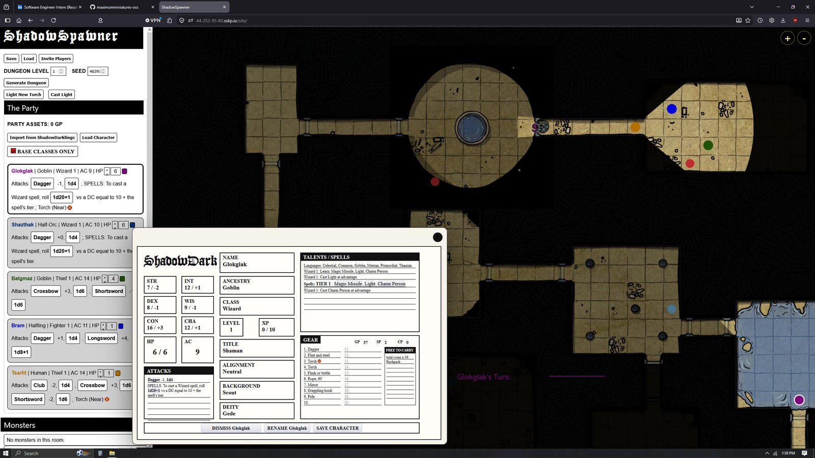 ShadowSpawner dungeon map with fog of war, side controls, and a character sheet modal